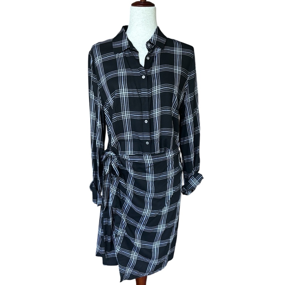 Untuckit Sz 12 Black & White‎ Plaid Button Front  Tie Shirt Dress Long Sleeve
